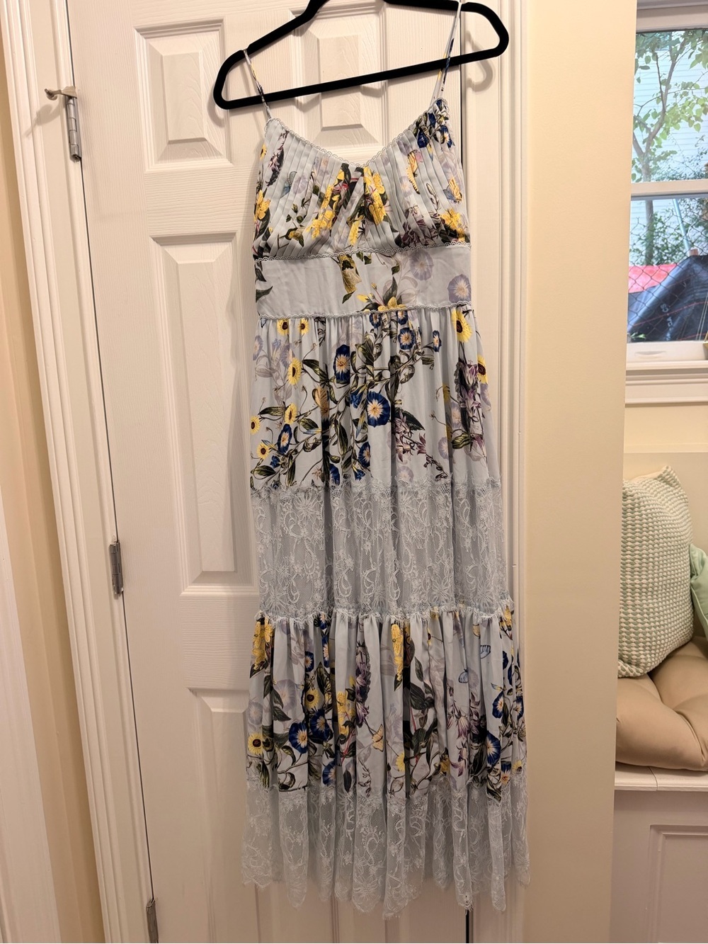 MOTF Light Blue Floral Lace Maxi Dress with Yellow & Navy Accents